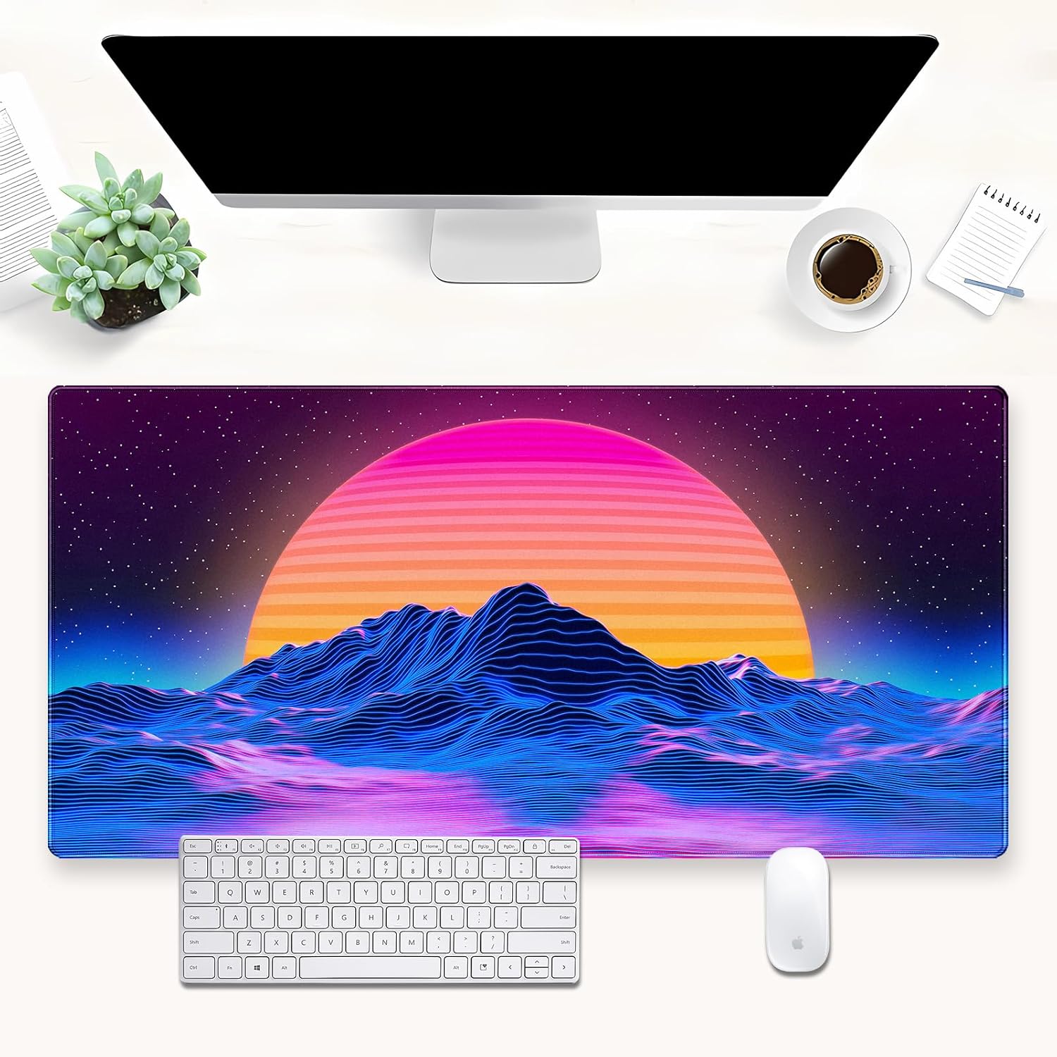 Retro Gaming Desk - Tapis de bureau rétro Synthwave Mountain